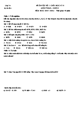 Bộ đề ôn thi kiểm tra học kì I Toán, Tiếng việt lớp 3 (Có đáp án) - Năm học 2015-2016